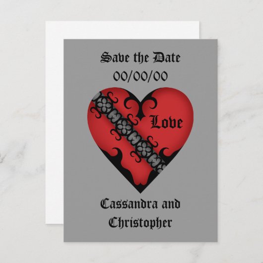 ロマンチックなゴシック中世の赤いハートは日付を保存 案内ポストカード (正面/裏面)