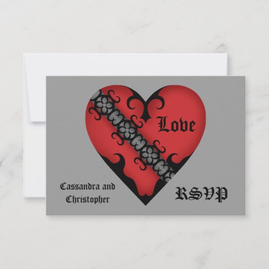 ロマンチックなゴシック中世赤いハートRSVP 出欠カード (正面)