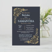 ロマンチックなゴールデンフローラネイビーブループランナー誕生日 招待状 (スタンド正面)