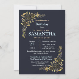 ロマンチックなゴールデンフローラネイビーブループランナー誕生日 招待状