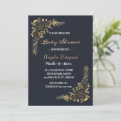 ロマンチックなゴールデンフローラネイビーブルーベビーシャワー 招待状 (スタンド正面)