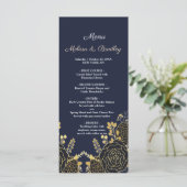 ロマンチックなゴールデンフローラネイビー結婚ブルーのメニュー プログラム (スタンド正面)