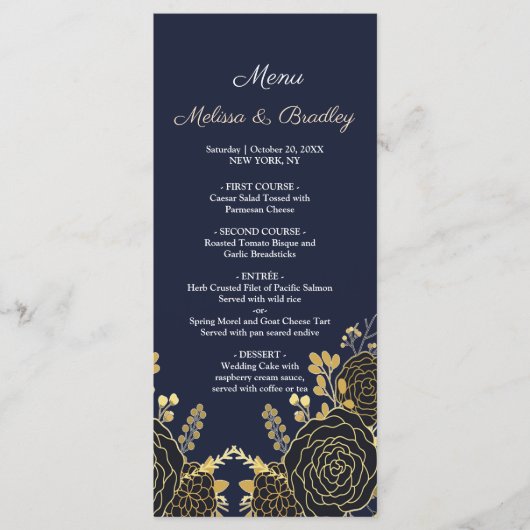 ロマンチックなゴールデンフローラネイビー結婚ブルーのメニュー プログラム (正面)