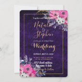 ロマンチックなゴールドとパープルのフラワーウェディングコレクション 招待状 (正面)