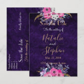 ロマンチックなゴールドとパープルのフラワーウェディングコレクション 案内ポストカード (正面/裏面)