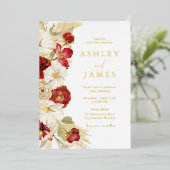 ロマンチックなゴールドフォイルフローラレッドローズ結婚ズ 箔招待状 (立ち正面)