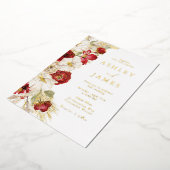 ロマンチックなゴールドフォイルフローラレッドローズ結婚ズ 箔招待状 (回転した状態)