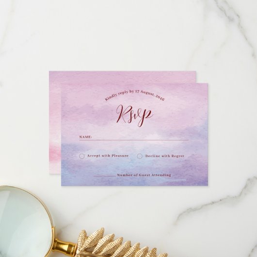 ロマンチックなサンセットウォーターカラー結婚式招待状rsvp サンキューカード (正面/裏面インサイチュ)