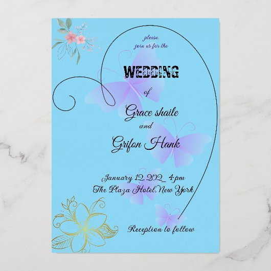 ロマンチックなシアンのハートの形縁ど状 箔招待状 (正面)