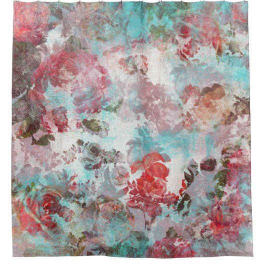 ロマンチックなシックなピンクのフローラティール（緑がかった色）水の色パターン シャワーカーテン (正面)