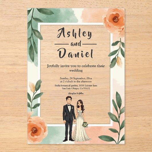 ロマンチックなシックなフローラフレームの新郎新婦結婚ズ アクリル招待状 (正面)