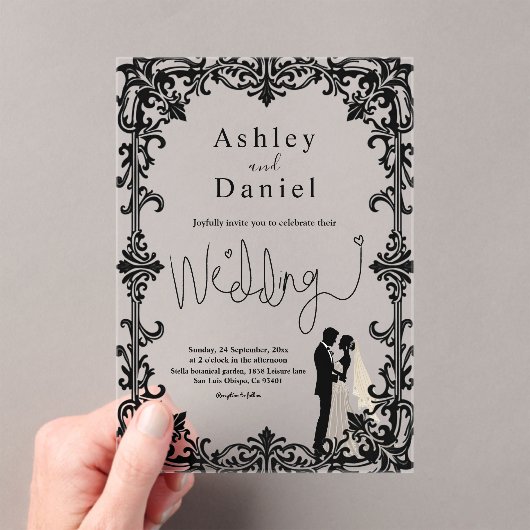 ロマンチックなシックな白黒クラシックの結婚 アクリル招待状 (インサイチュ (ポータブル))