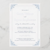 ロマンチックなシックな青と白結婚の 箔招待状 (正面)