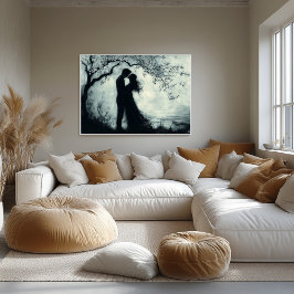 ロマンチックなシルエットカップルの下のツリーモノクロ ポスター