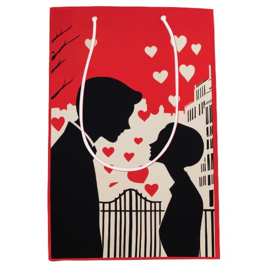 ロマンチックなシルエットカップル街並みハート ミディアムペーパーバッグ (正面)