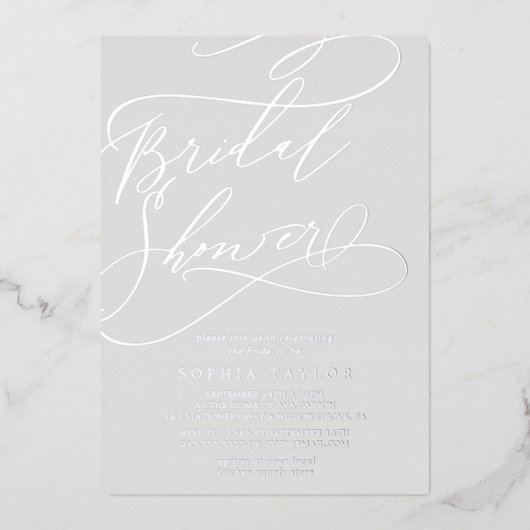 ロマンチックなシルバーフォイルグレイブライダルシャワー 箔招待状 (正面)