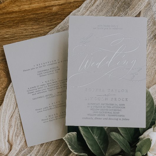 ロマンチックなシルバーフォイルグレイ前面とバック結婚ズ 箔招待状