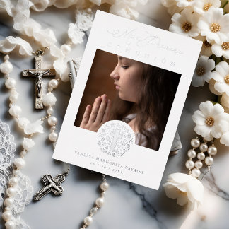 ロマンチックなシルバーフローラリース写真 箔招待状