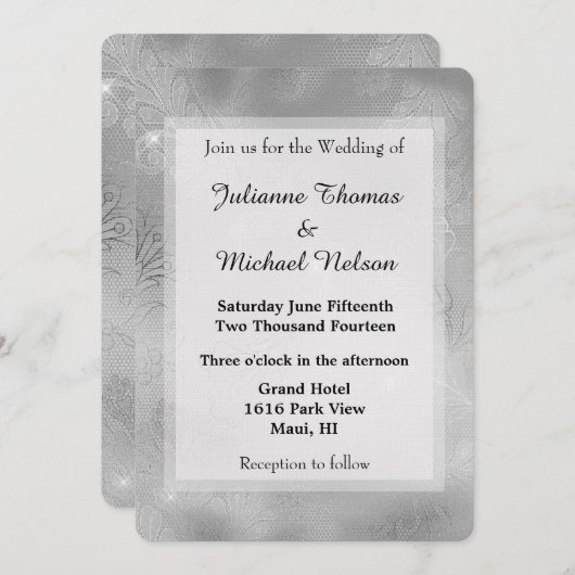 ロマンチックなシルバー結婚レース 招待状 (正面/裏面)