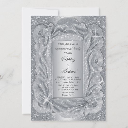 ロマンチックなシルバー シフォン きらきら輝く グリッター 招待状 (裏面)