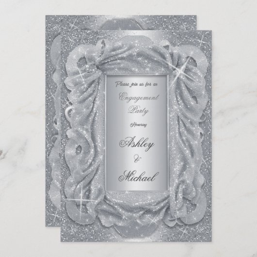 ロマンチックなシルバー シフォン きらきら輝く グリッター 招待状 (正面/裏面)