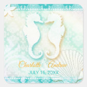 ロマンチックなシーホースペアビーチ結婚式日付を保存 スクエアシール (正面)