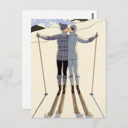 ロマンチックなスキーカップルの郵便はがき ポストカード (正面/裏面)