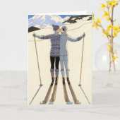 ロマンチックなスキーカップル カード (黄色い花)