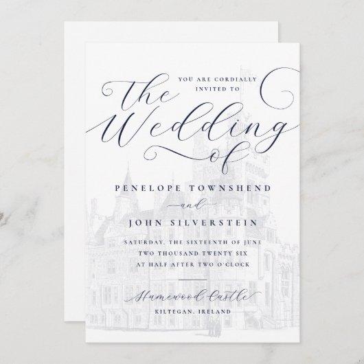 ロマンチックなスクリプトキャッスル結婚イラストレーション 招待状 (正面/裏面)