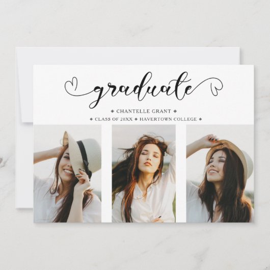 ロマンチックなスクリプトコラージュ3枚の写真卒業 招待状 (正面)