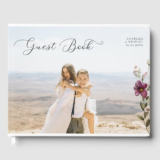 ロマンチックなスクリプトフォト&ワイルドフラワーアイボリー結婚ズ ゲストブック (正面)