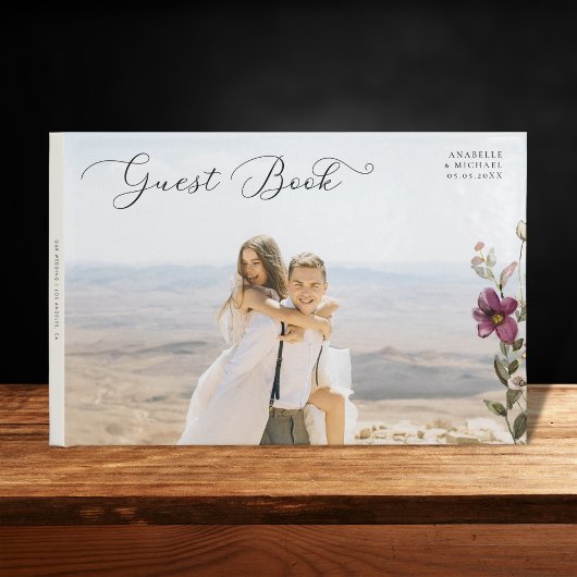 ロマンチックなスクリプトフォト&ワイルドフラワーアイボリー結婚ズ ゲストブック