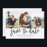 ロマンチックなスクリプト写真コラージュ日付の保存 セーブザデート<br><div class="desc">このミニマル3-photo save the date cardは美しい自由奔放な手の台本を備え色彩の鮮やかている。背面に写真とカスタム文字を追加。</div>