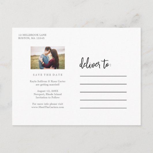 ロマンチックなスクリプト写真コラージュ日付の保存 案内ポストカード (裏面)