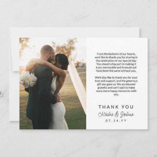 ロマンチックなスクリプト印刷メッセージ結婚の感謝の気持ち サンキューカード (正面)