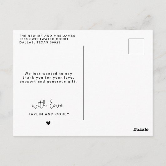 ロマンチックなスクリプト ハート ウェディング フォト サンクス ポスト ポストカード (裏面)