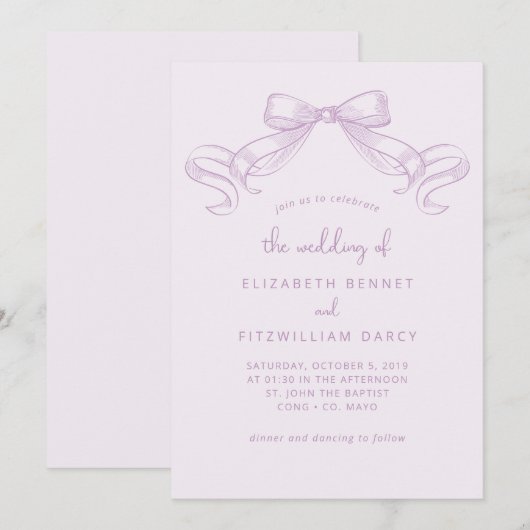 ロマンチックなスケッチの蝶結び | ライラックのウェディング オブ 招待状 (正面/裏面)