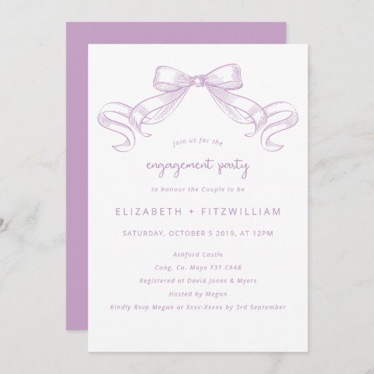 ロマンチックなスケッチ弓 | 薄紫婚約パーティ 招待状 (正面/裏面)