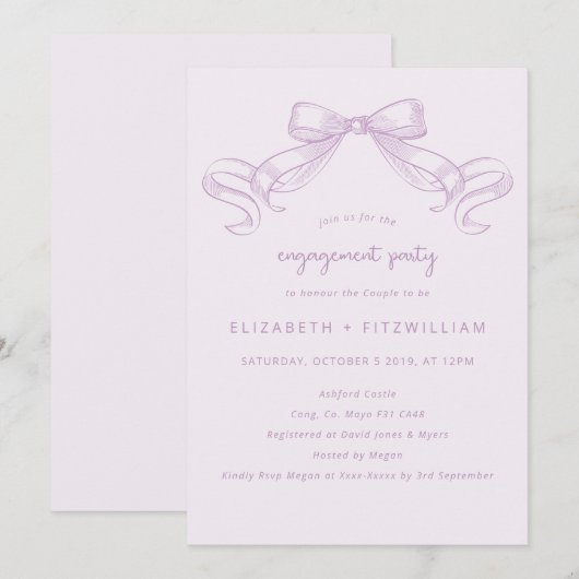ロマンチックなスケッチ弓 | 薄紫婚約パーティ 招待状 (正面/裏面)