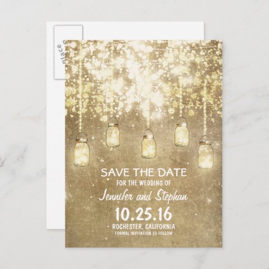 ロマンチックなストリングライツメイスンのjarsは日付を保存 案内ポストカード (正面/裏面)