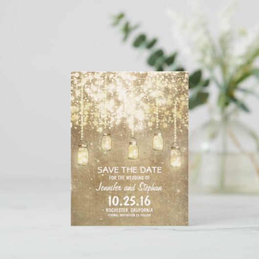 ロマンチックなストリングライツメイスンのjarsは日付を保存 案内ポストカード (スタンド正面)