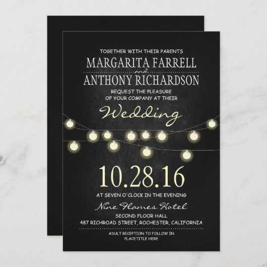 ロマンチックなストリングライトの黒板の結婚式の招待 招待状 (正面/裏面)