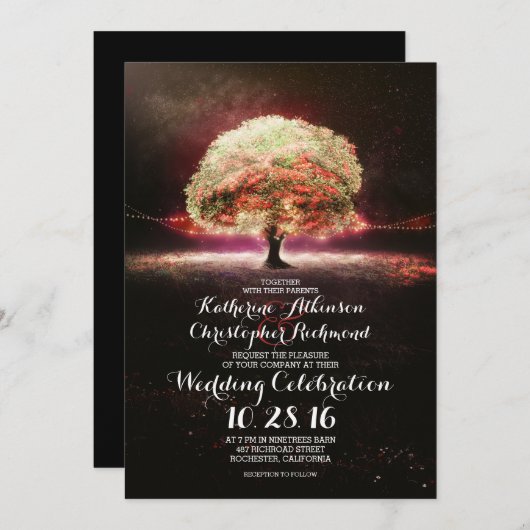 ロマンチックなストリングライトツリーのピンクの結婚式 招待状 (正面/裏面)