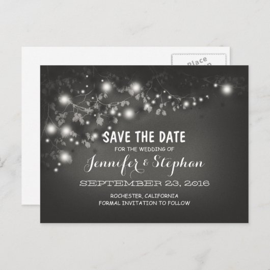 ロマンチックなストリングライトブラック&ホワイト日付を保存 案内ポストカード (正面/裏面)