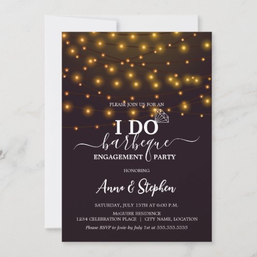 ロマンチックなストリングライトI do BBQ婚約パーティ 招待状 (正面)