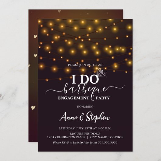 ロマンチックなストリングライトI do BBQ婚約パーティ 招待状 (正面/裏面)
