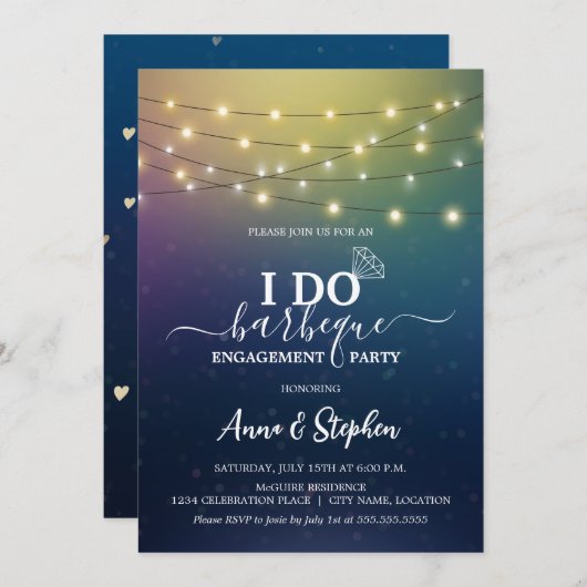 ロマンチックなストリングライトI do BBQ婚約パーティ 招待状 (正面/裏面)