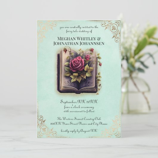 ロマンチックなストーリーブックフェアリー結婚タールズティール(緑がかった色) 招待状 (スタンド正面)