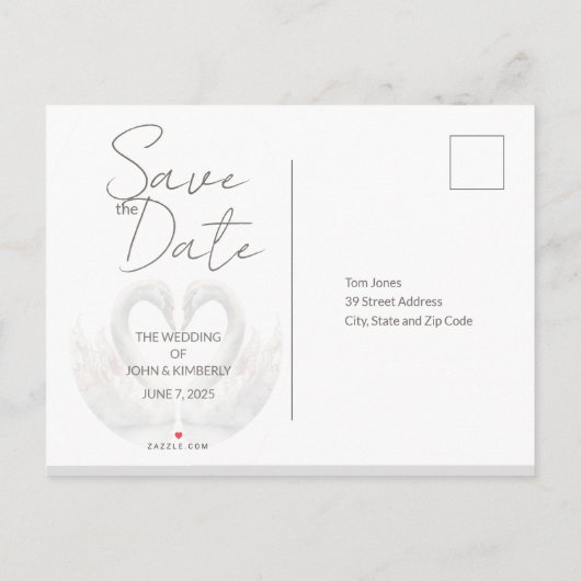 ロマンチックなスワンの結婚式の日付はがきを保存 案内ポストカード (裏面)