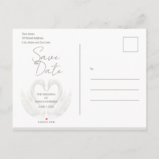 ロマンチックなスワンの結婚式の日付はがきを保存 案内ポストカード (裏面)